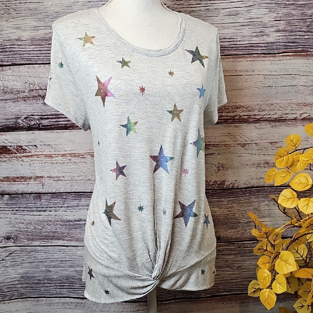 NEW INC INTERNATIONAL CONCEPTS GRAY STAR SHORT CAP SLEEVE PULLOVER TEE